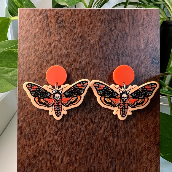 Orange Butterfly & Skull Dangle Earrings - Butterfly Goth Earrings -Emo Earrings - Picture 5 of 6